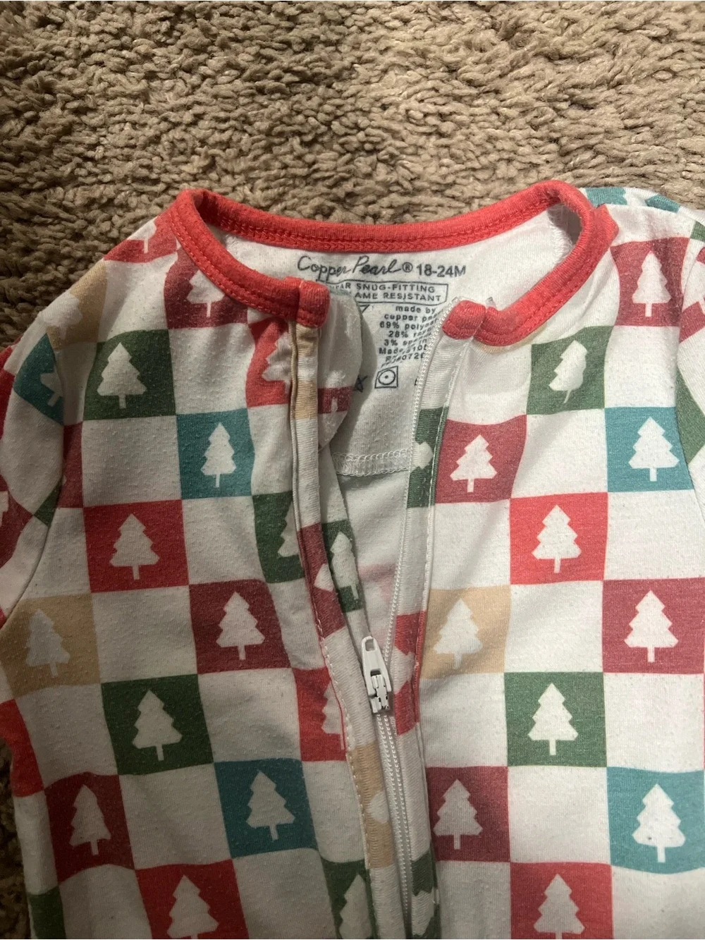 Copper Pearl 18-24m Holiday Tree Print Footed One-Piece Pajamas - Red/Green/Gold